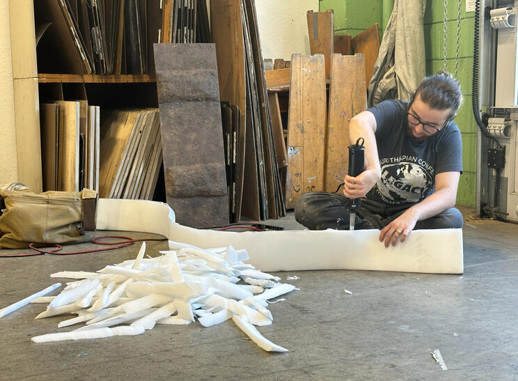 Tornado Tastes Like Aluminum Sting - process photo, foam-carving with a turkey carver