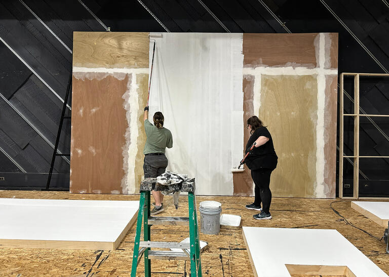 Enough to Let the Light In - process photo, seam floating and backrolling on upright hard-covered flats