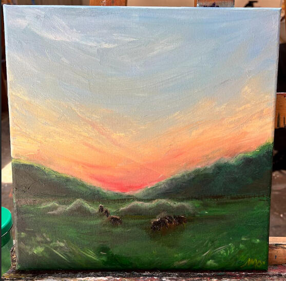&quot;The Farm&quot; Oil on canvas 14&quot;x14&quot;