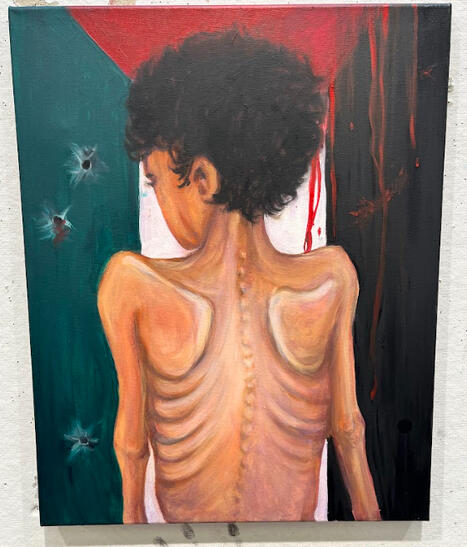 "The Famine in Gaza is Man-made" oil on canvas