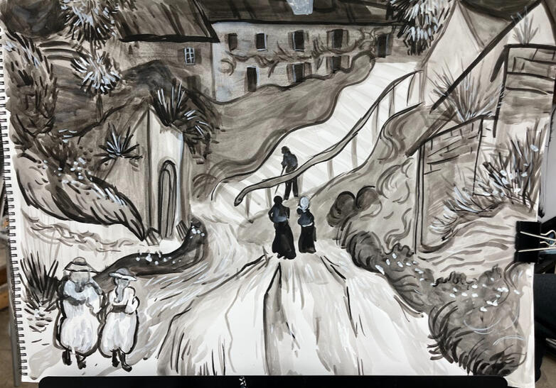 Ink study of Van Gogh's "Stairway at Auver's"